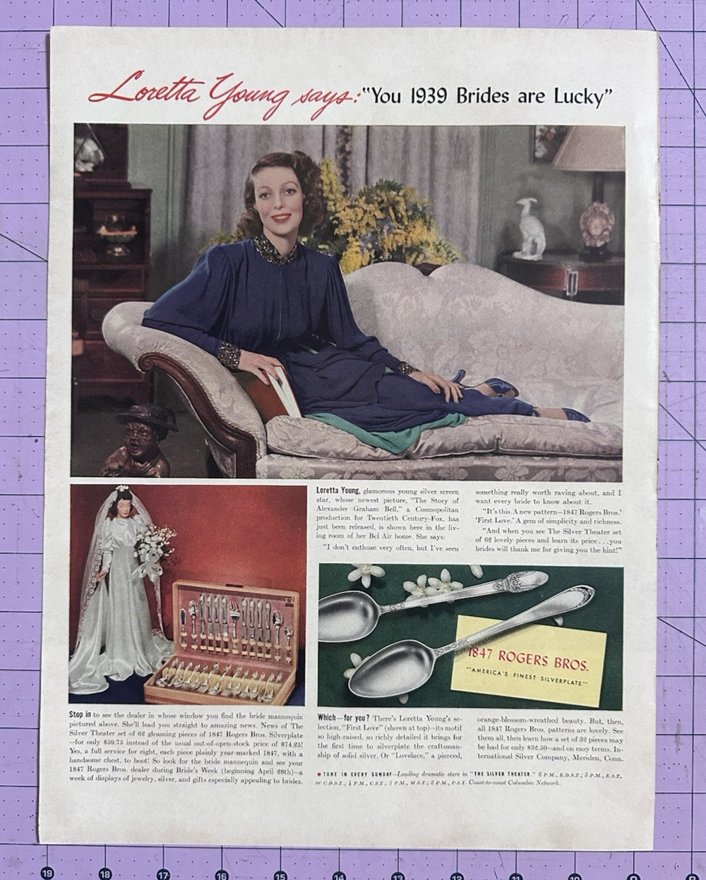 Original 1939 Magazine Ad Rogers Bros. Loretta Young Brides are Lucky